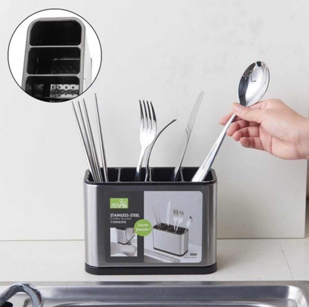 Organizador de Talheres em Aço Inoxidável com Drenagem Inteligente