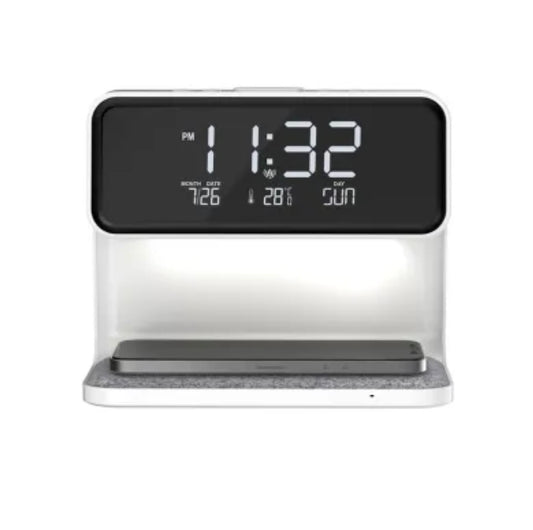 Candeeiro de Mesa 3 em 1 com Carregamento Wireless, Relógio Digital e Alarme